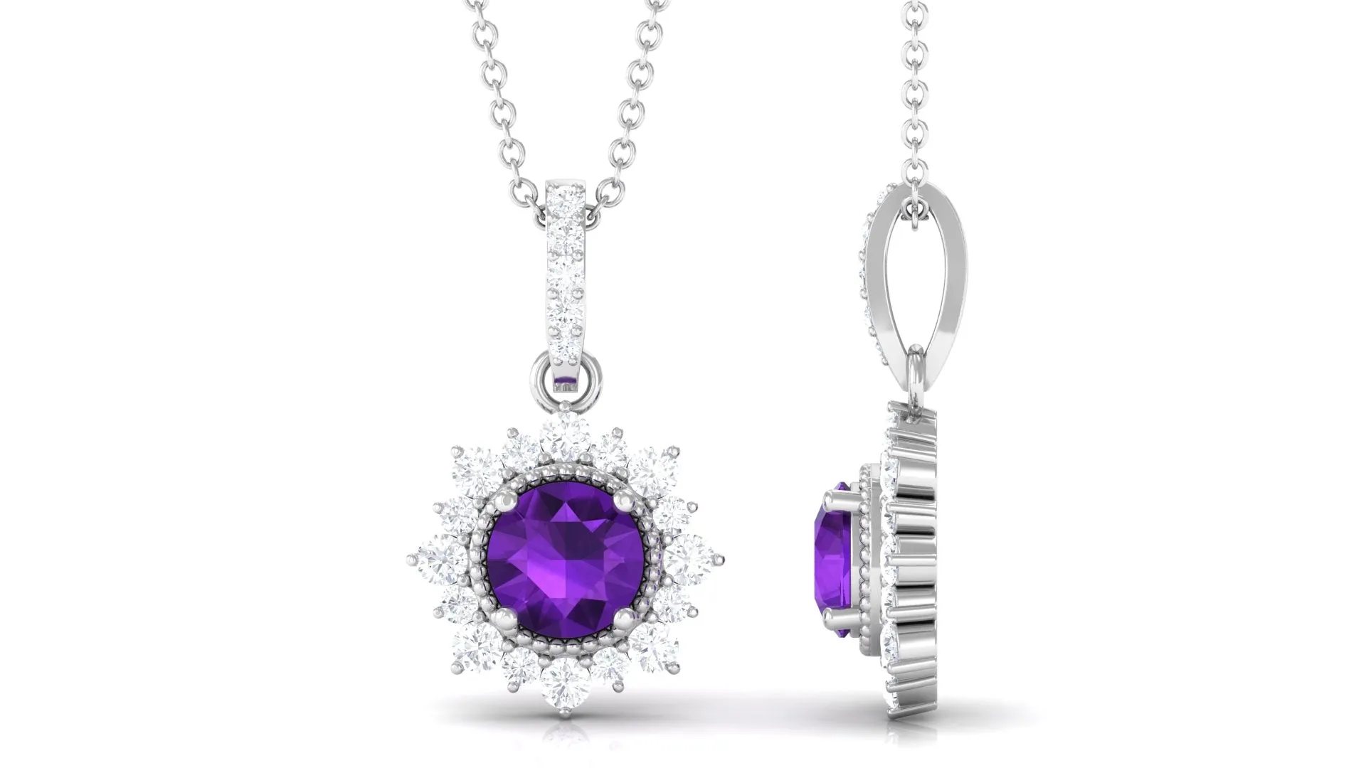 Round Amethyst Halo Pendant with Diamond Accent Bail
