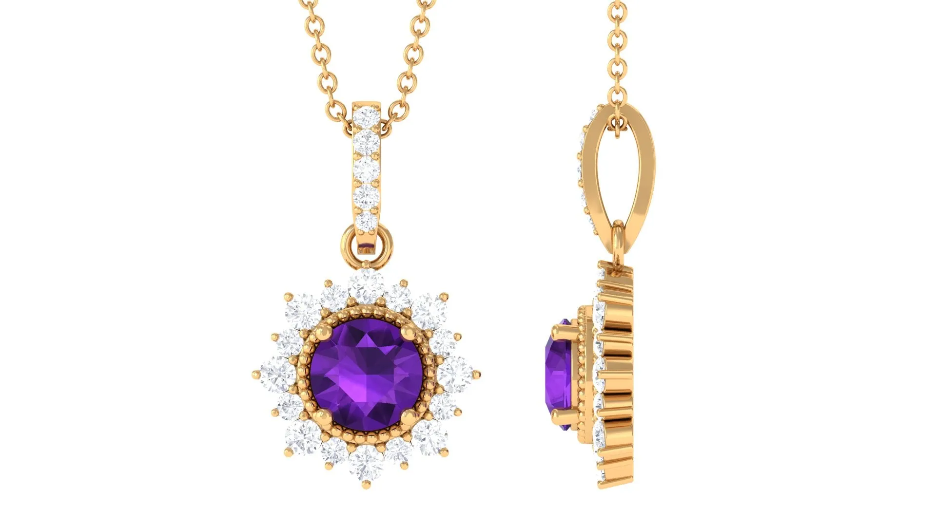 Round Amethyst Halo Pendant with Diamond Accent Bail