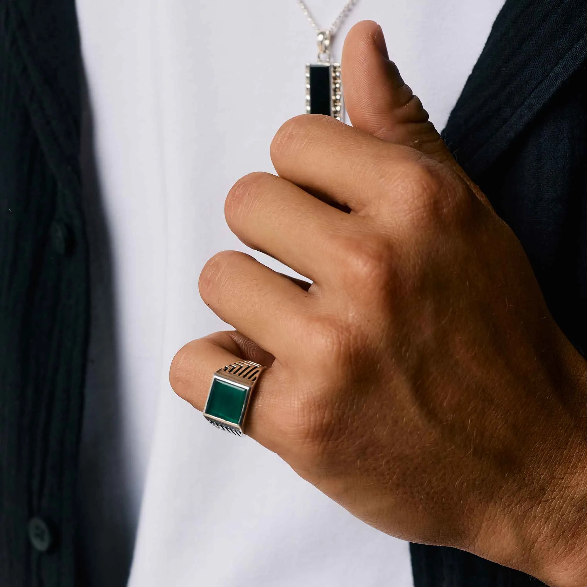 Sacred Universe Men's Signet Ring - Green Onyx