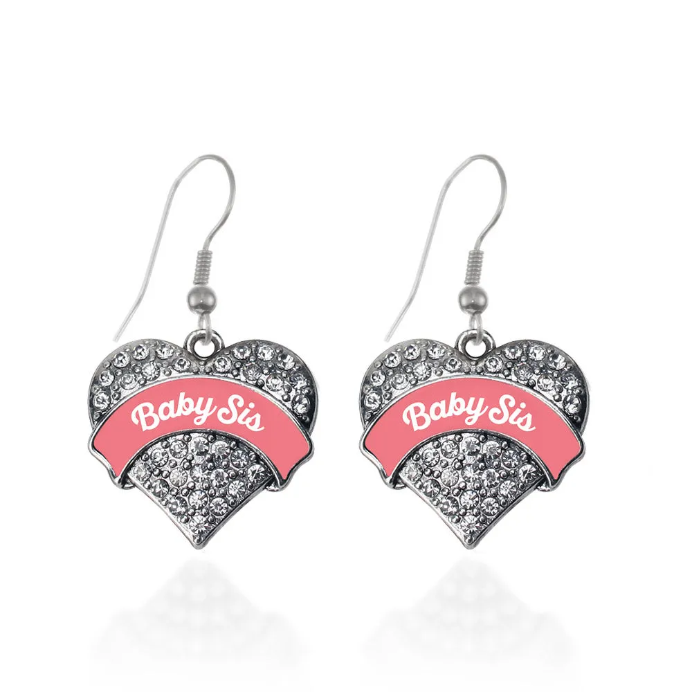 Silver Coral Baby Sister Pave Heart Charm Dangle Earrings