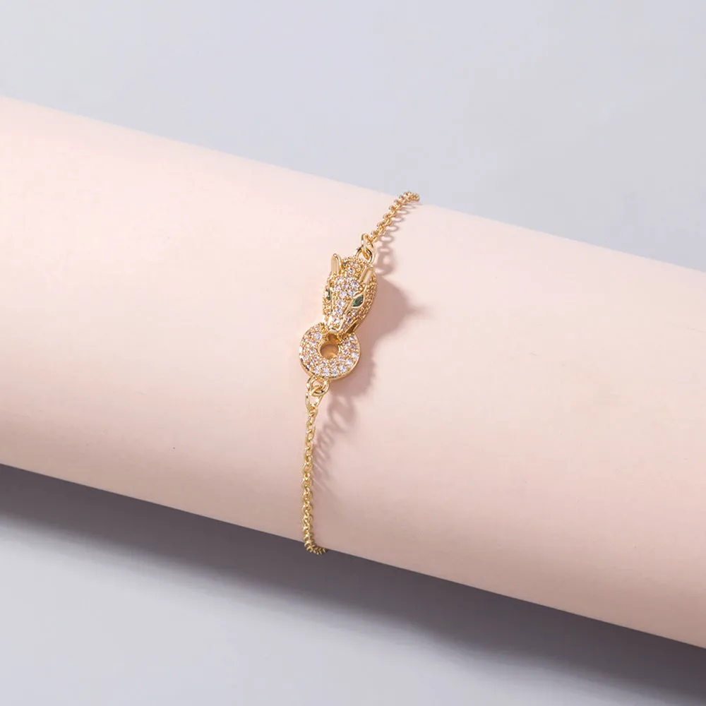 Simple Inlaid Zircon Leopard Head Gold Bracelet