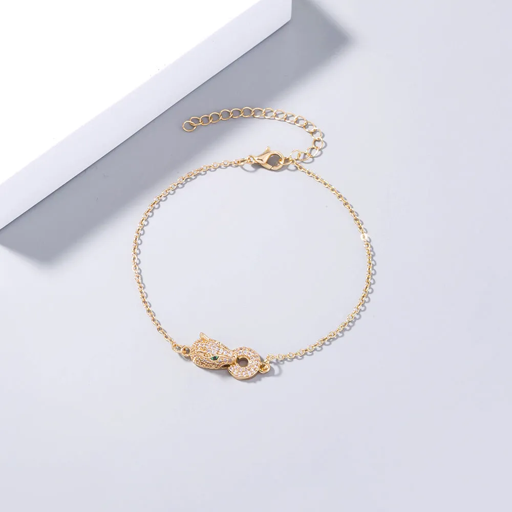 Simple Inlaid Zircon Leopard Head Gold Bracelet
