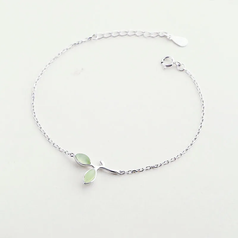 Small tender green leaf silver bracelet women