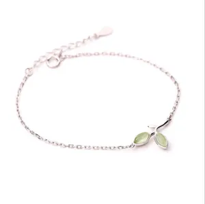 Small tender green leaf silver bracelet women