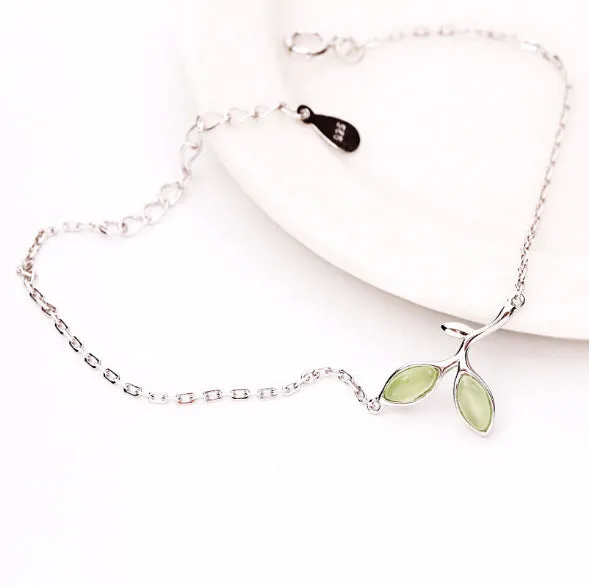 Small tender green leaf silver bracelet women