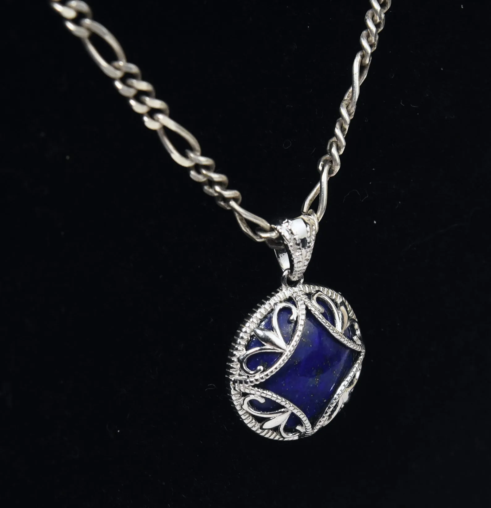 Sterling Silver Lapis Lazuli Pendant on Sterling Silver Figaro Link Chain Necklace - 20"