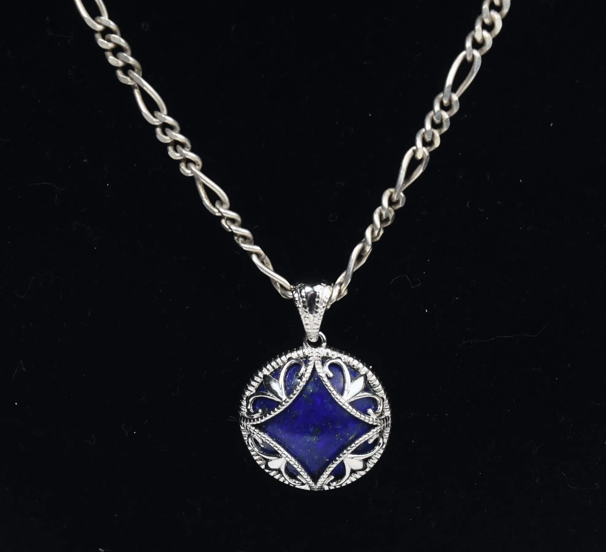 Sterling Silver Lapis Lazuli Pendant on Sterling Silver Figaro Link Chain Necklace - 20"