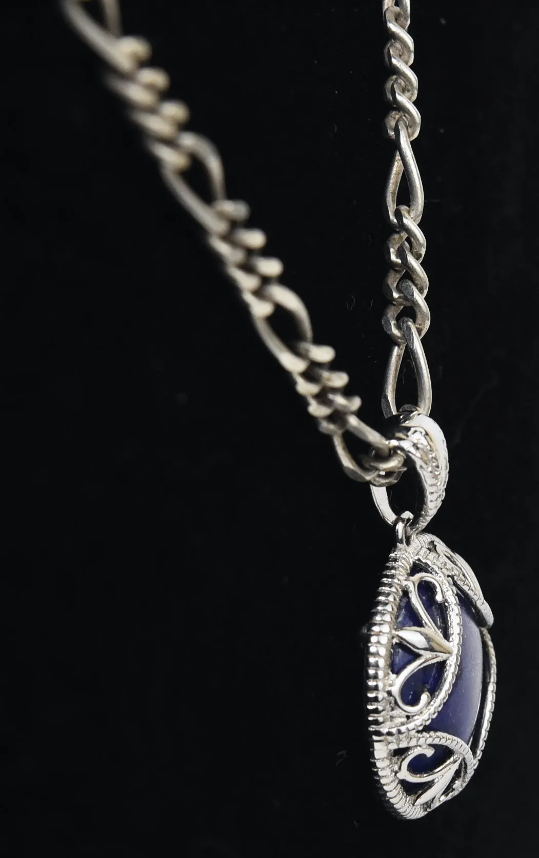 Sterling Silver Lapis Lazuli Pendant on Sterling Silver Figaro Link Chain Necklace - 20"