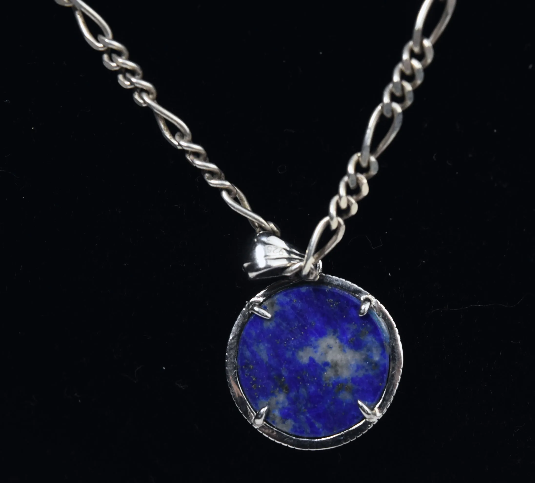 Sterling Silver Lapis Lazuli Pendant on Sterling Silver Figaro Link Chain Necklace - 20"