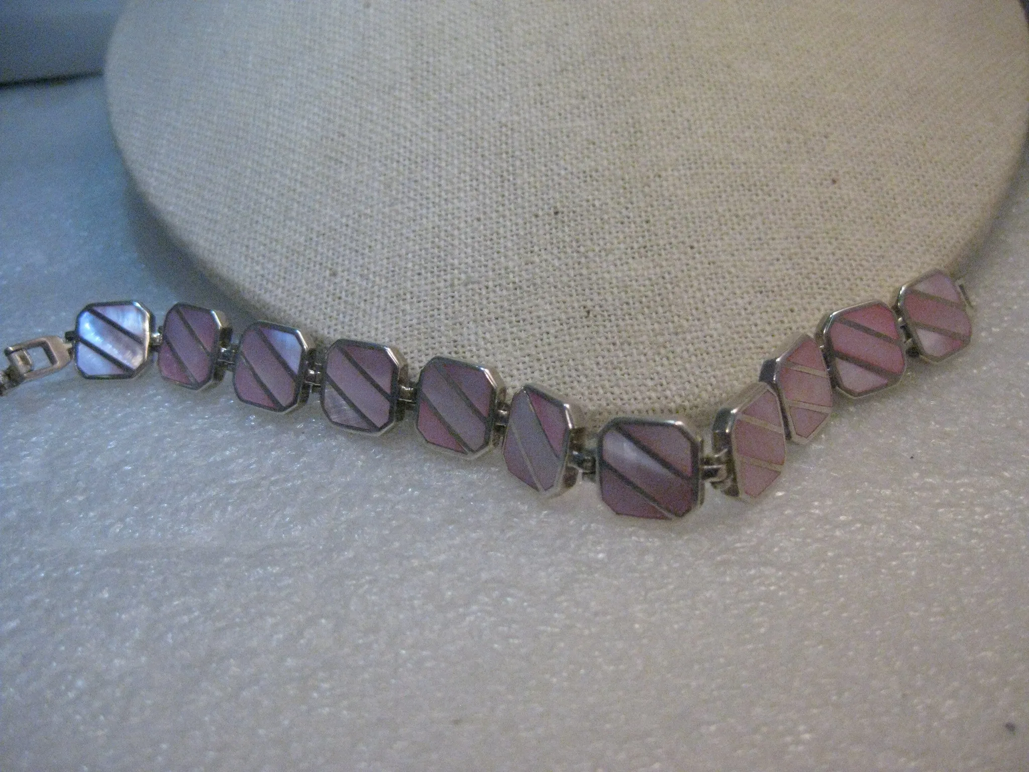 Sterling Silver MOP Bracelet Pink Inlaid Tiles , 7", 11.5mm wide, 25 grams