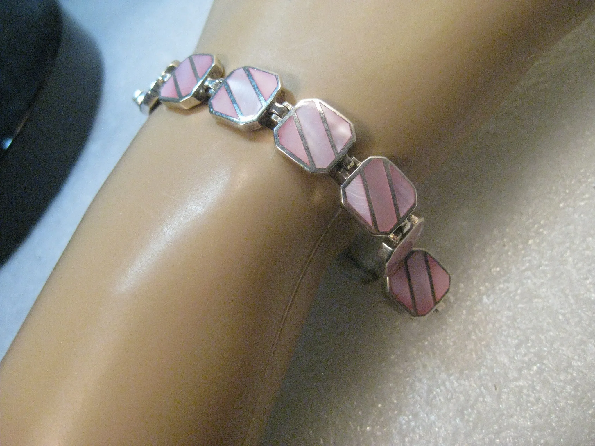 Sterling Silver MOP Bracelet Pink Inlaid Tiles , 7", 11.5mm wide, 25 grams