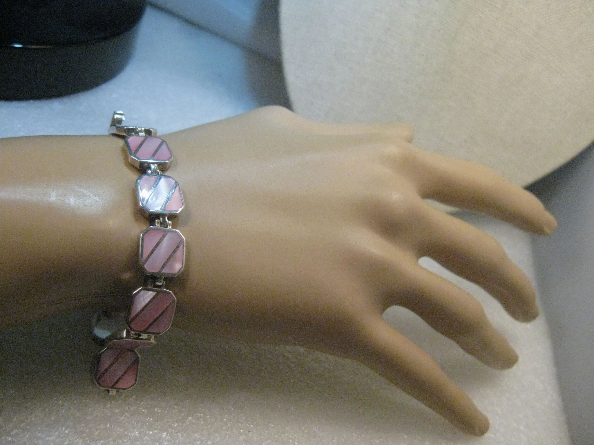 Sterling Silver MOP Bracelet Pink Inlaid Tiles , 7", 11.5mm wide, 25 grams