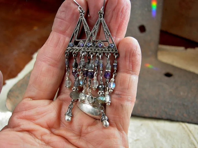 Still Falls the Rain Chandelier Earrings, Violet, Gray, White Gemstone