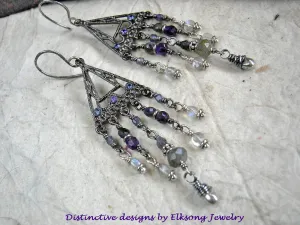 Still Falls the Rain Chandelier Earrings, Violet, Gray, White Gemstone