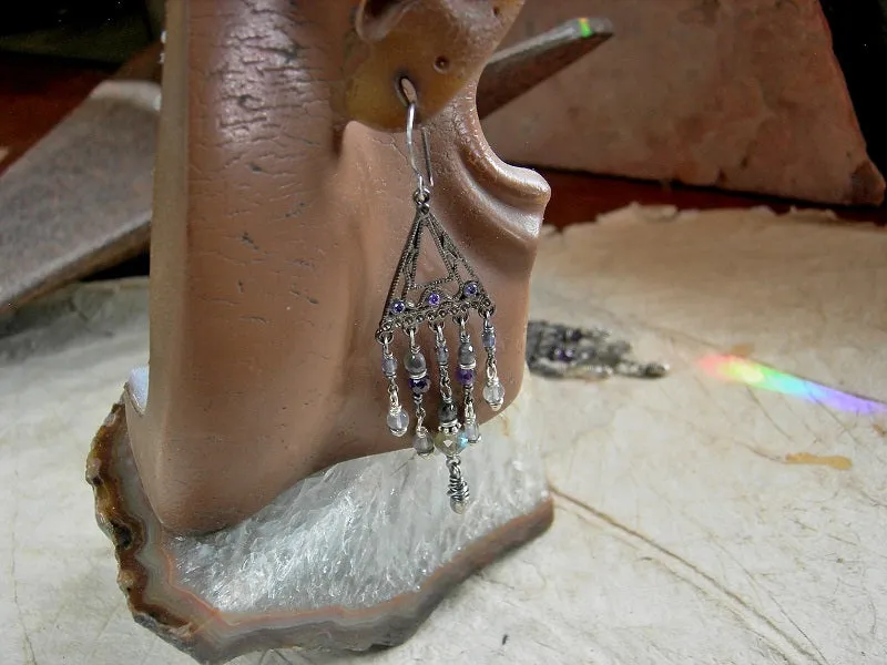 Still Falls the Rain Chandelier Earrings, Violet, Gray, White Gemstone
