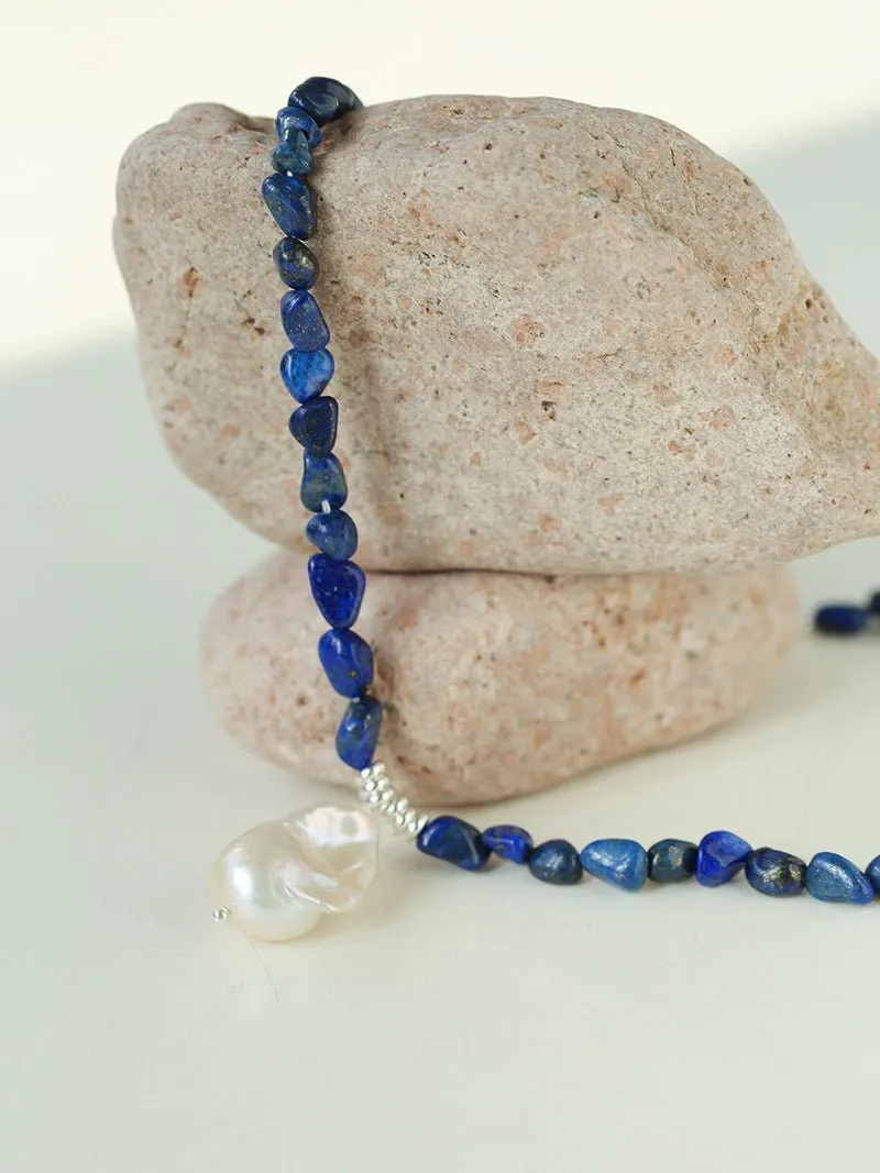 Stunning Lapis Lazuli Baroque Pearl Pendant Necklace