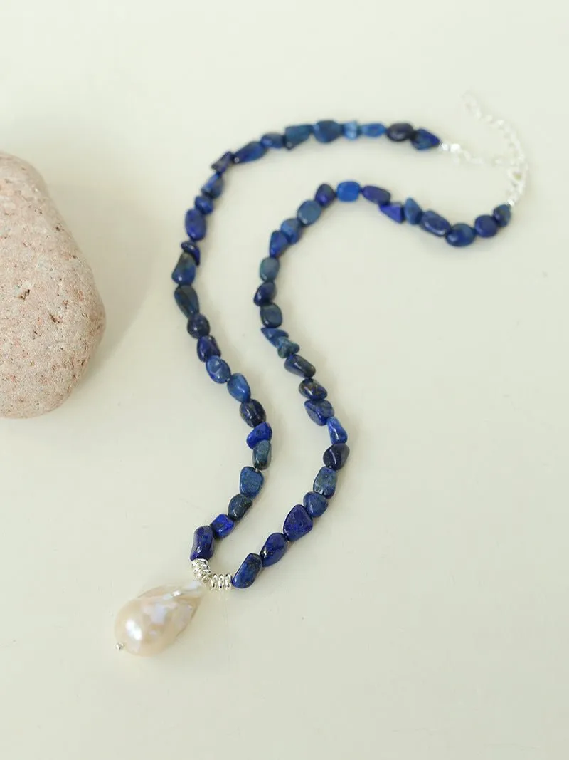 Stunning Lapis Lazuli Baroque Pearl Pendant Necklace
