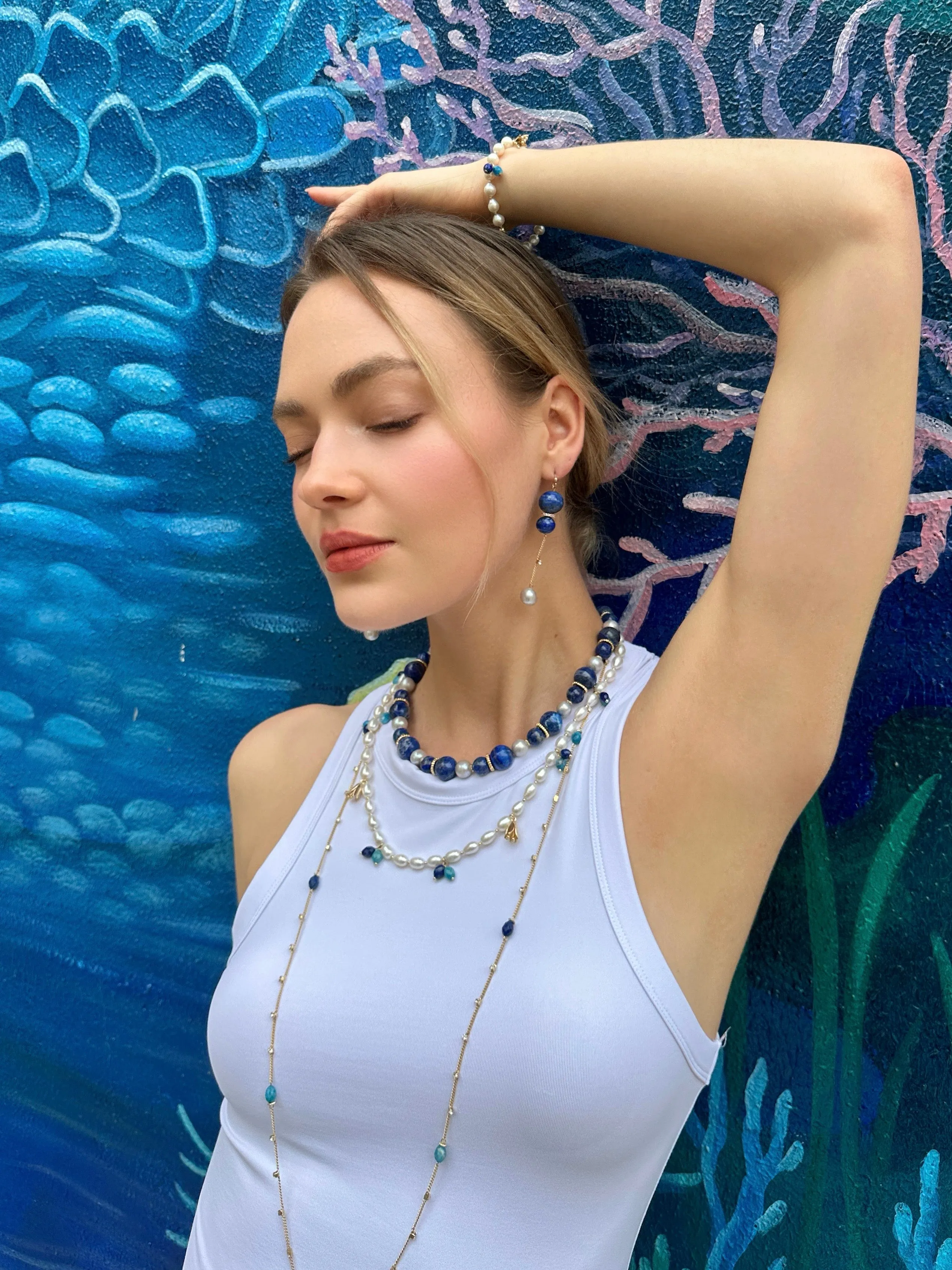 Stunning Lapis with Gray Freshwater Pearls Chunky Necklace LN039