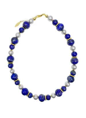 Stunning Lapis with Gray Freshwater Pearls Chunky Necklace LN039
