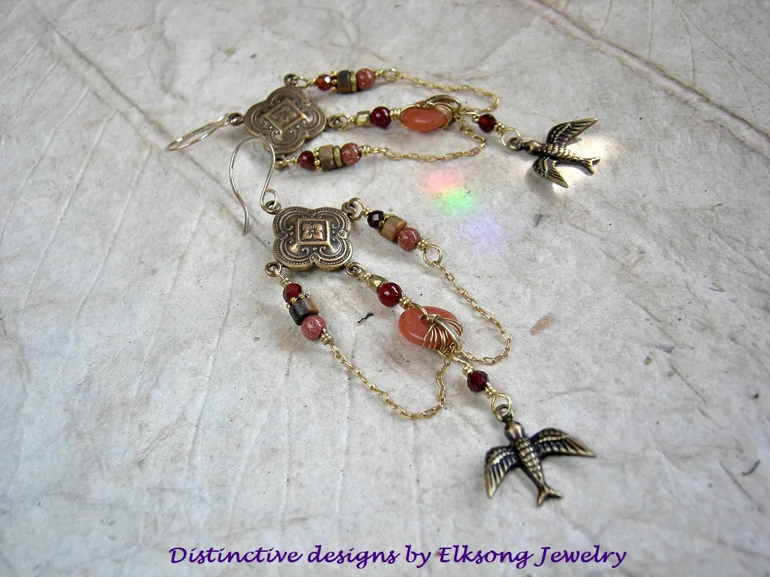 Sun Bird Chandelier Earrings, Byzantine Style, Hessonite, Goldstone