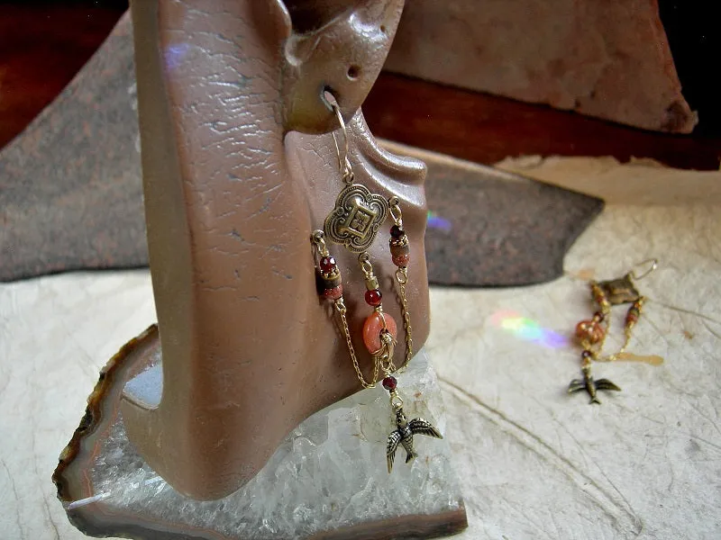 Sun Bird Chandelier Earrings, Byzantine Style, Hessonite, Goldstone