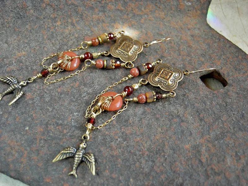 Sun Bird Chandelier Earrings, Byzantine Style, Hessonite, Goldstone