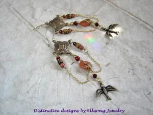 Sun Bird Chandelier Earrings, Byzantine Style, Hessonite, Goldstone