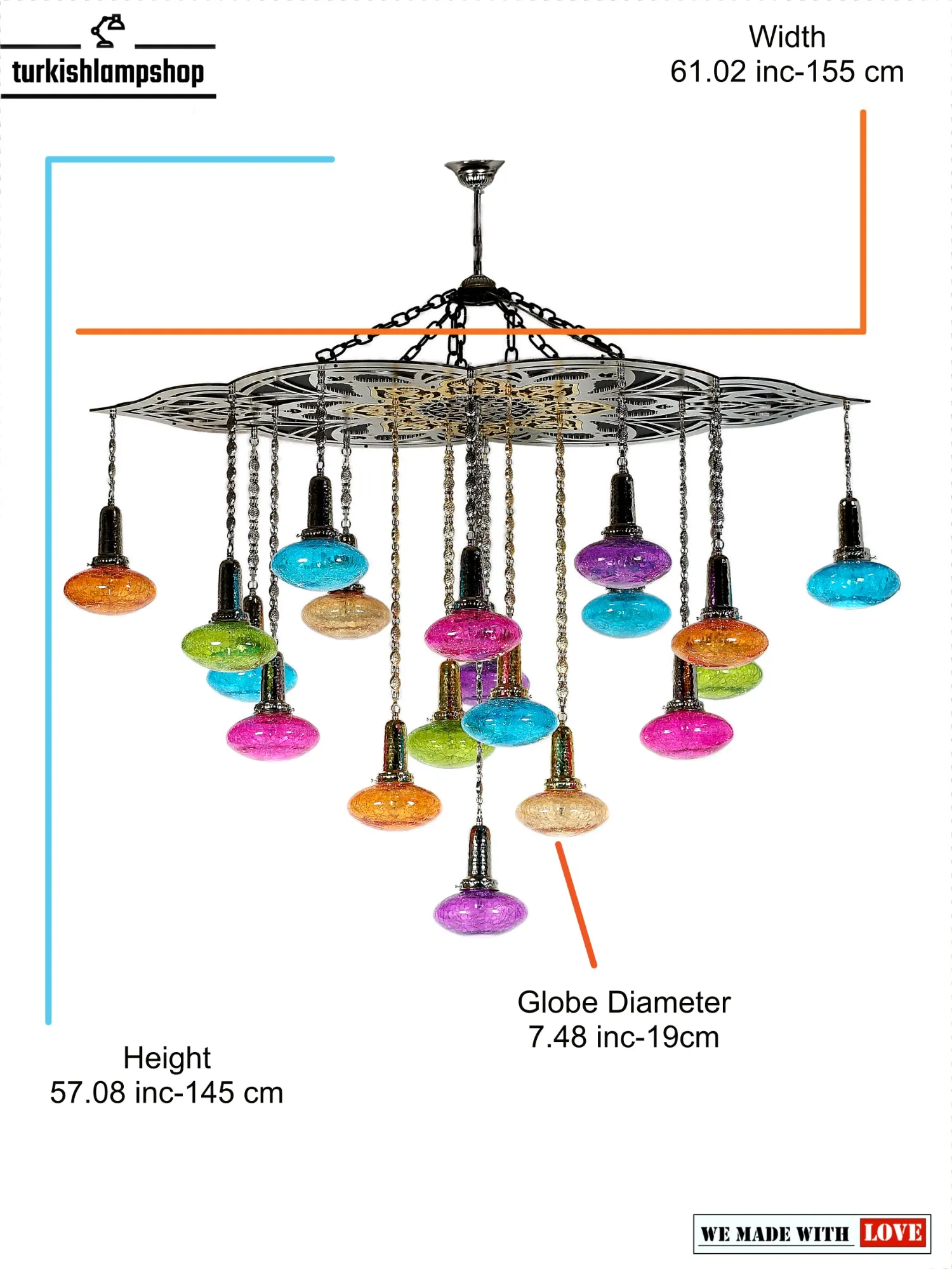 Turkish Pattern Chandelier 19 Globe Multicolor Ovall