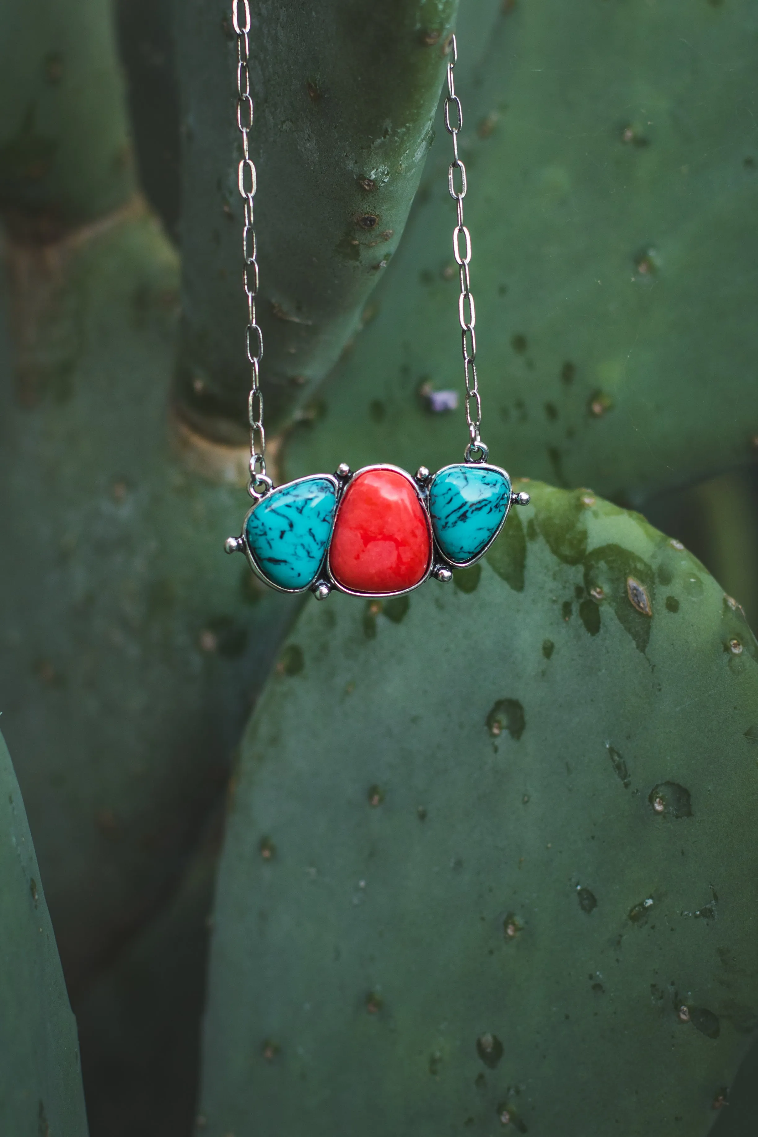Turquoise and Coral 3 Stone Bar Necklace