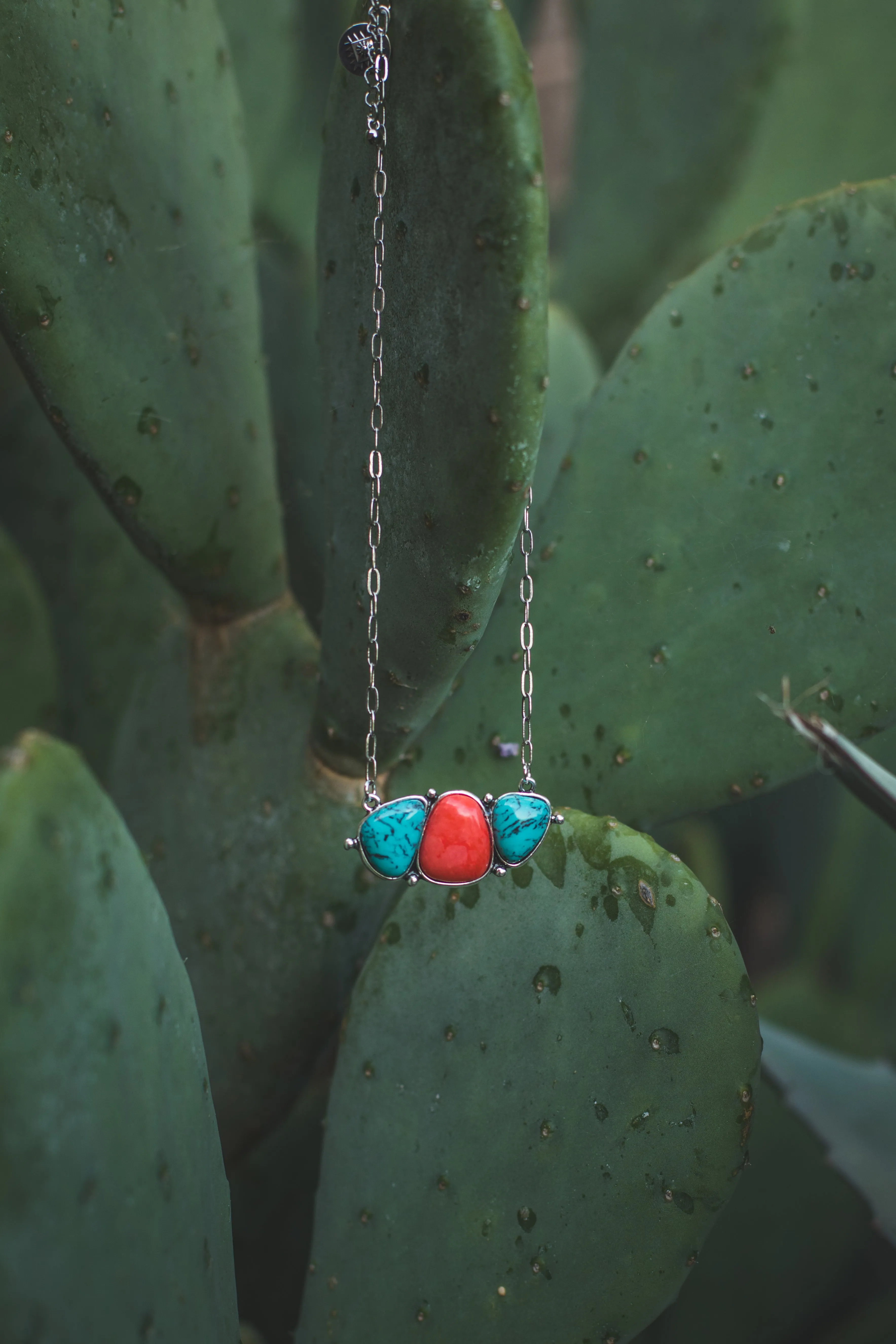 Turquoise and Coral 3 Stone Bar Necklace