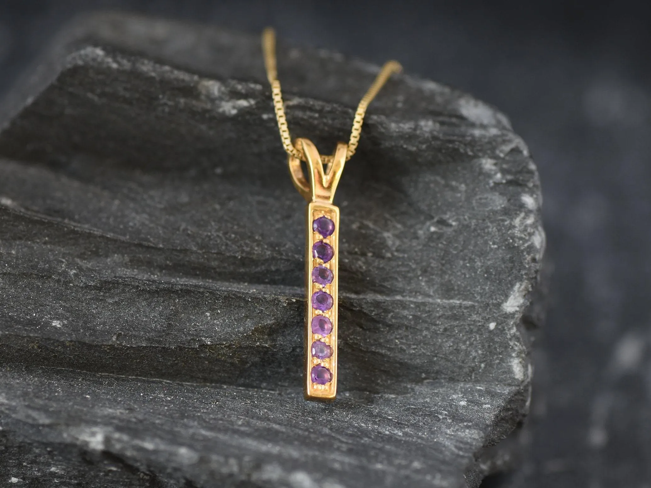 Vertical Amethyst Pendant- Natural Amethyst Necklace, Purple Gold Pendant