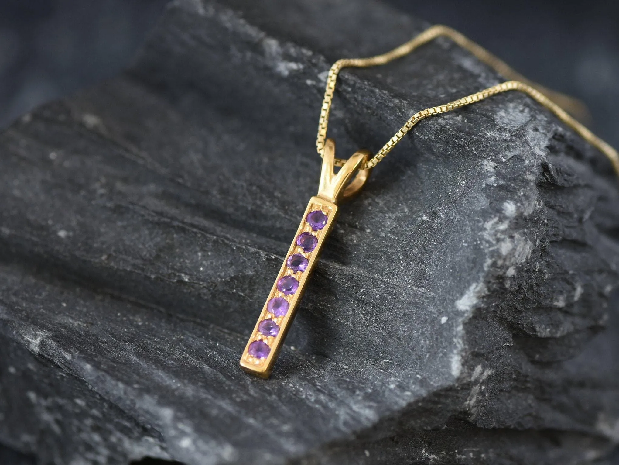 Vertical Amethyst Pendant- Natural Amethyst Necklace, Purple Gold Pendant