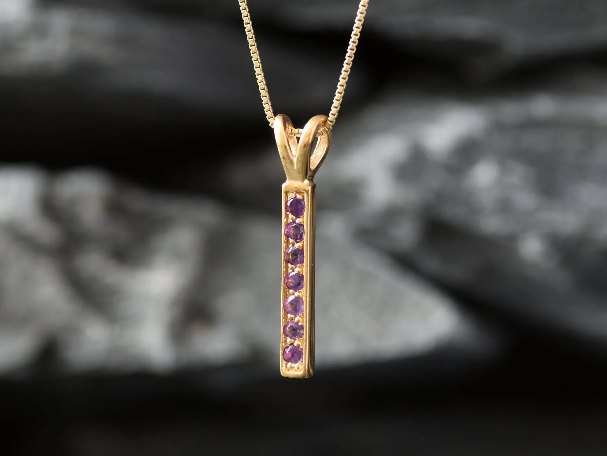 Vertical Amethyst Pendant- Natural Amethyst Necklace, Purple Gold Pendant