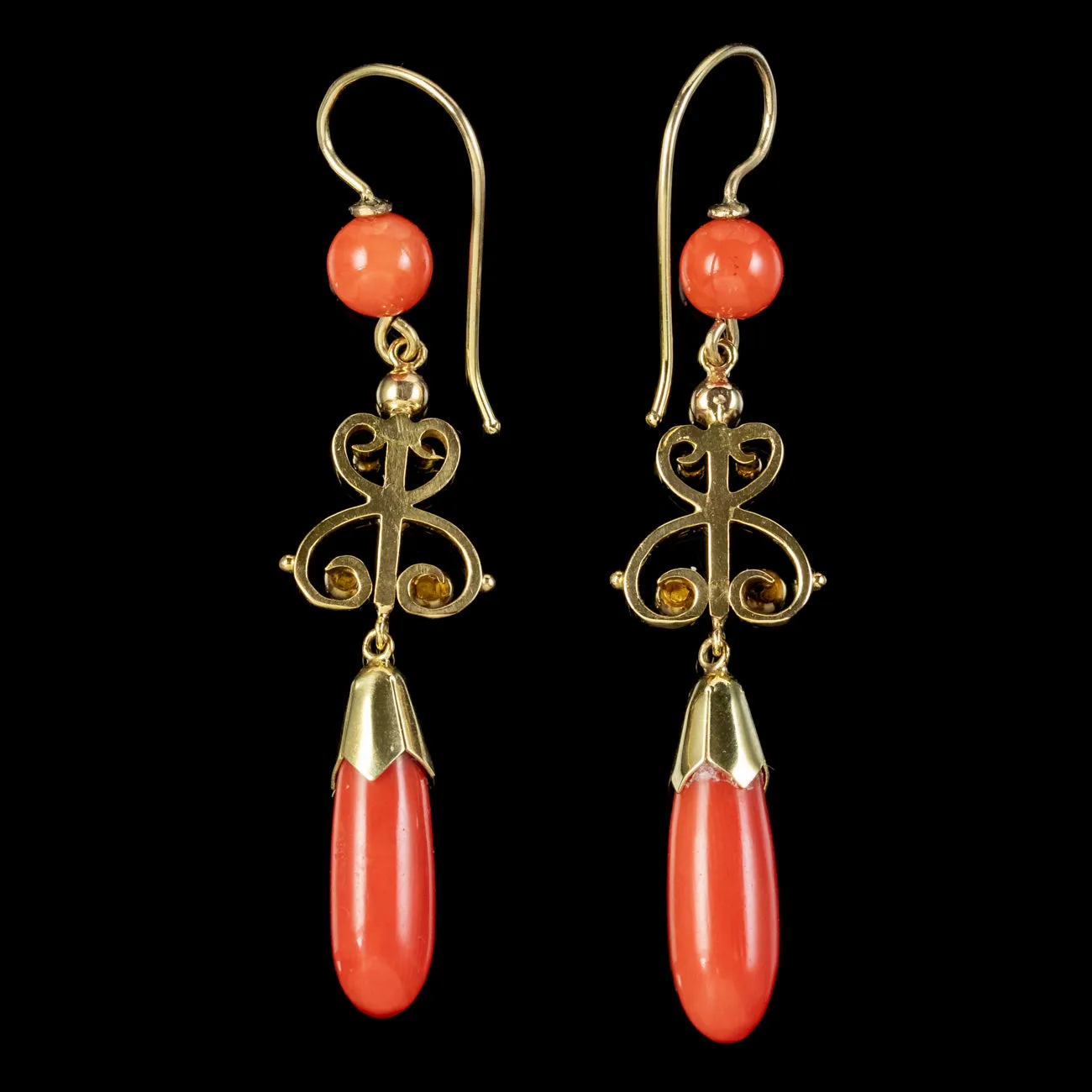 Victorian Style Coral Drop Earrings 18ct Gold