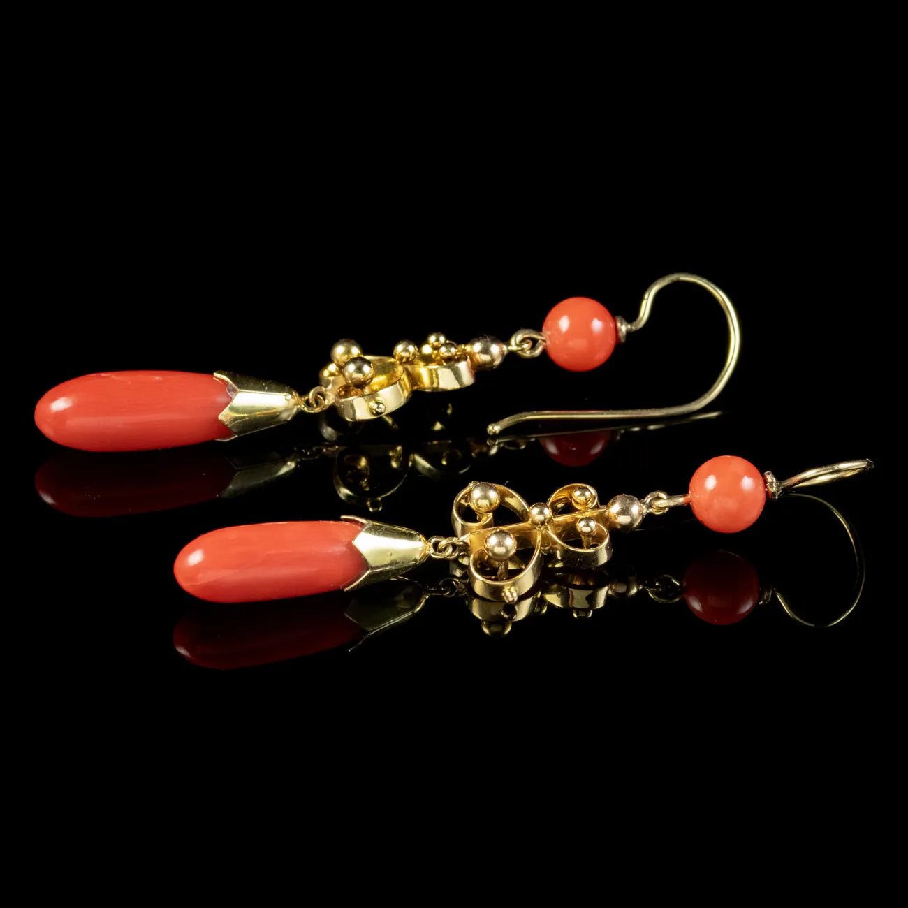 Victorian Style Coral Drop Earrings 18ct Gold