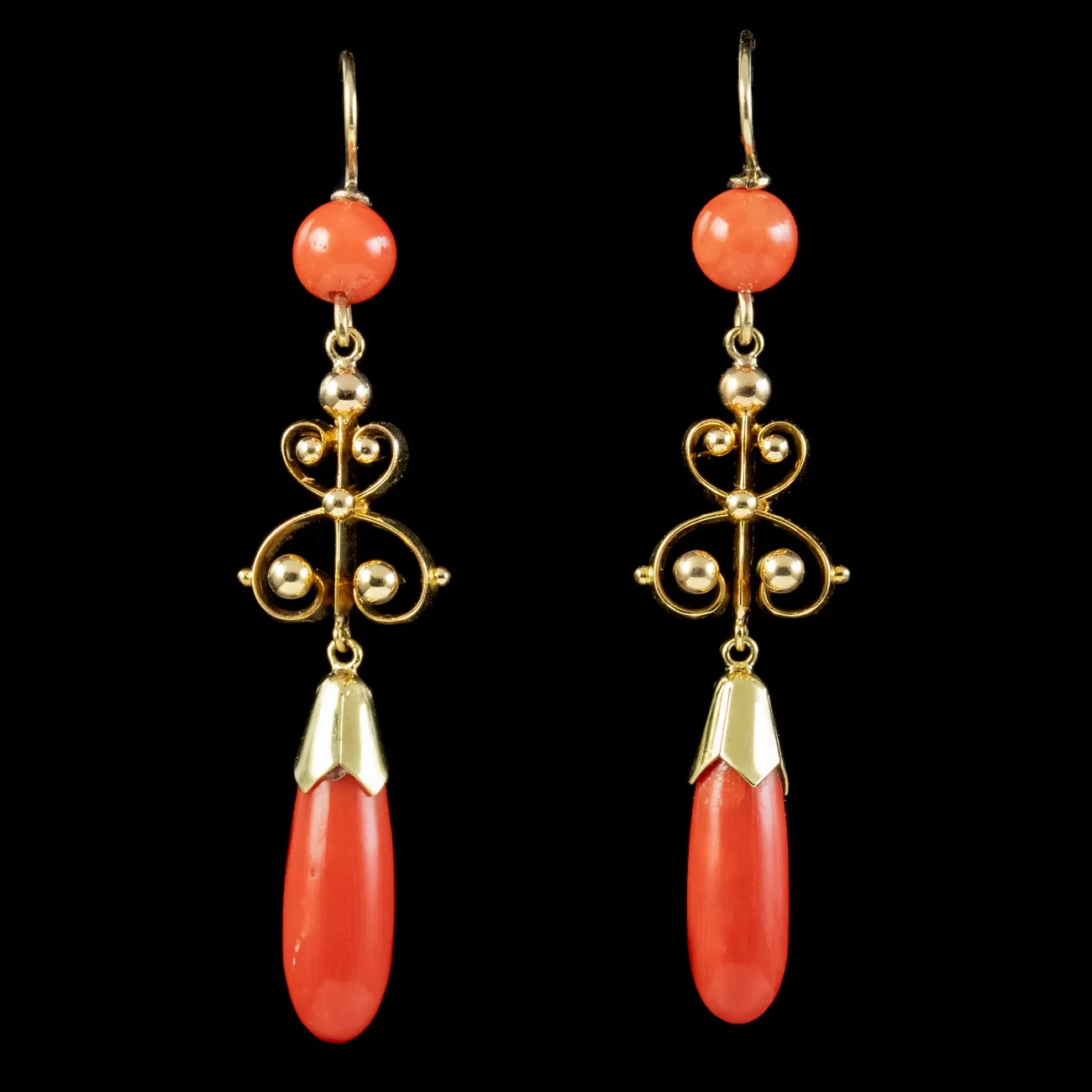 Victorian Style Coral Drop Earrings 18ct Gold