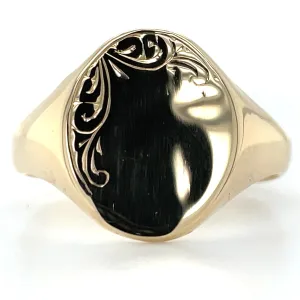 Vintage 9ct Yellow Gold Engraved Oval Signet Ring