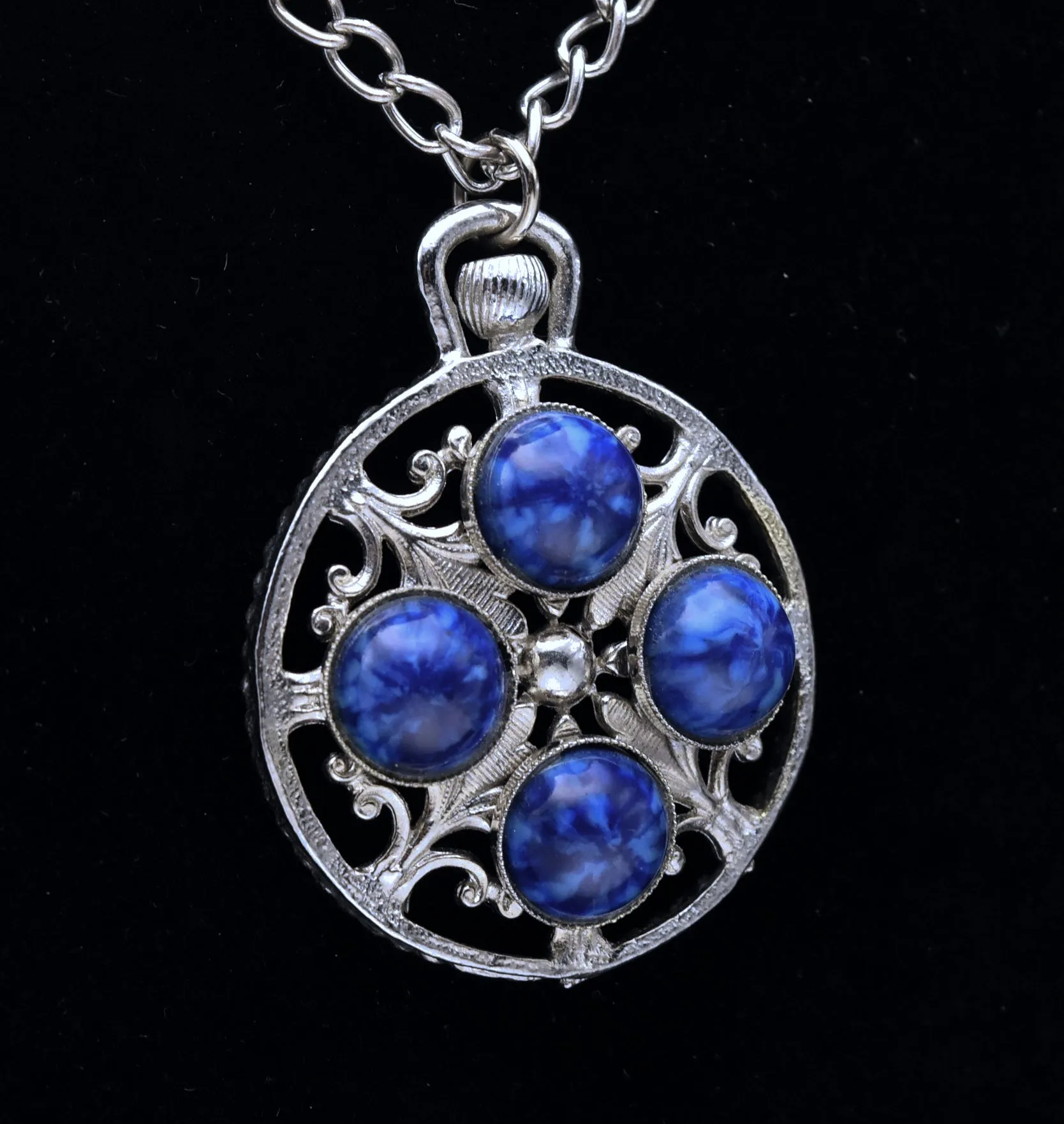 Vintage Faux Lapis Lazuli Silver Tone Pendant Chain Necklace - 20.5"
