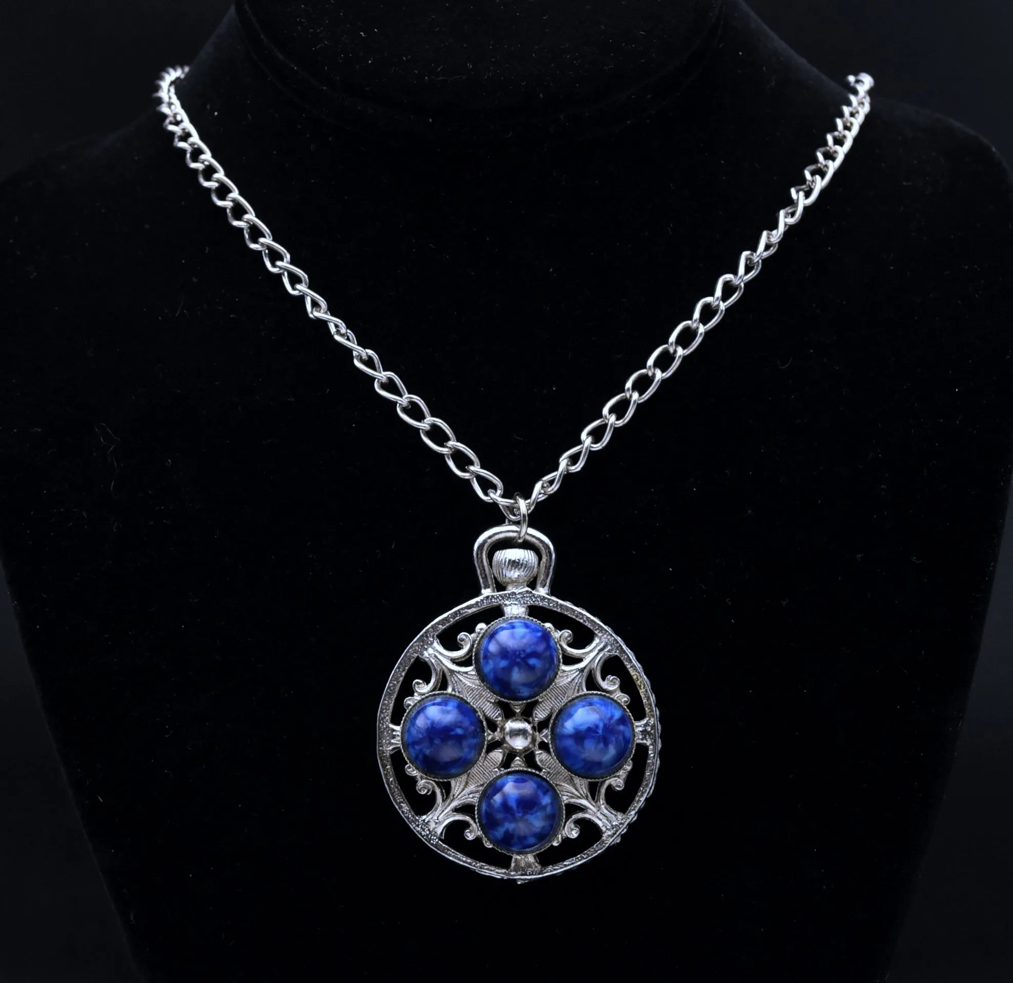 Vintage Faux Lapis Lazuli Silver Tone Pendant Chain Necklace - 20.5"