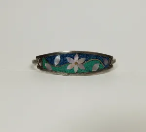 Vintage Floral Inlaid Hinged Bangle Bracelet