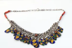 Vintage Kabyle Silver Enamel and Coral Choker Necklace from Algeria