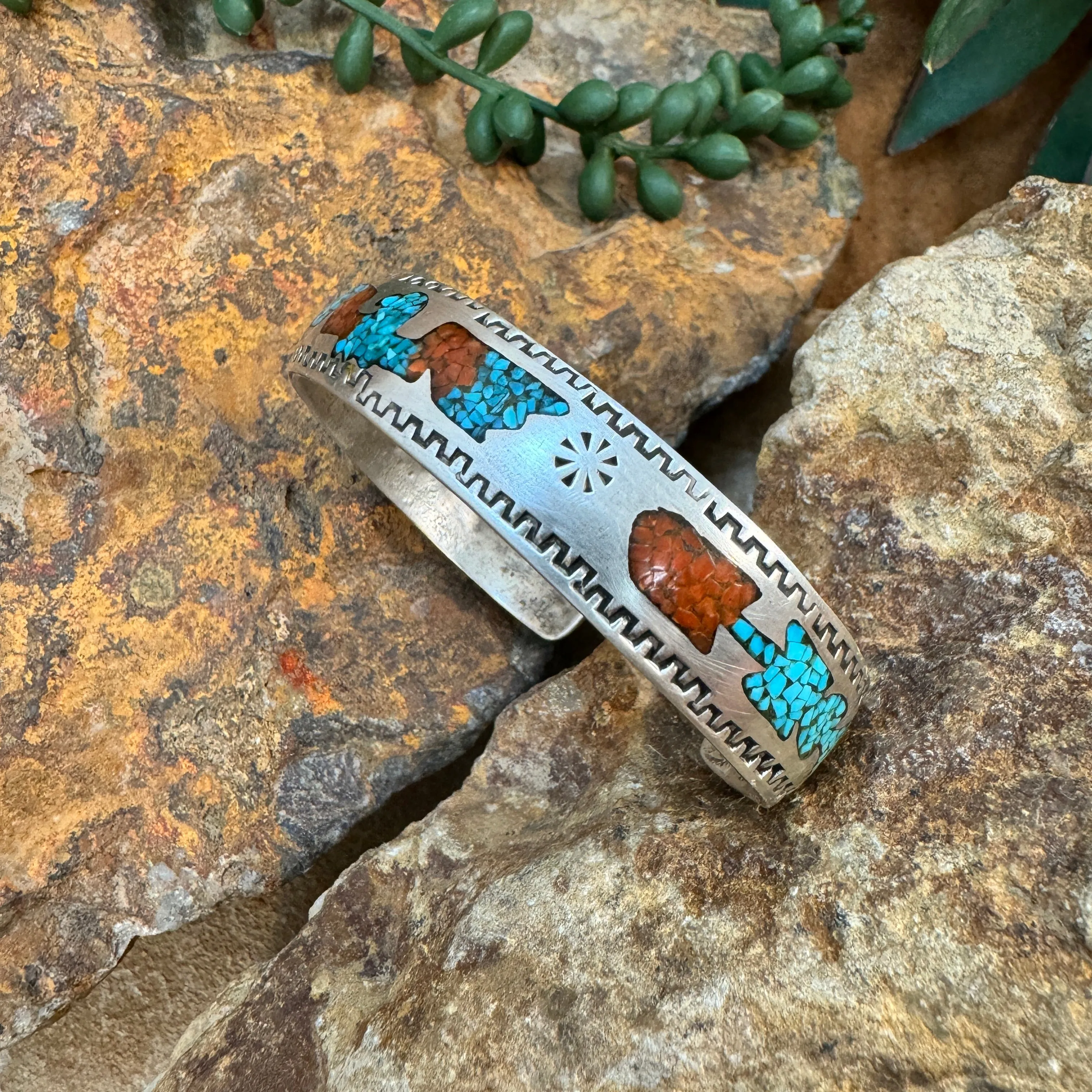 Vintage Navajo Inlaid Sterling Silver Bracelet - Estate Jewelry
