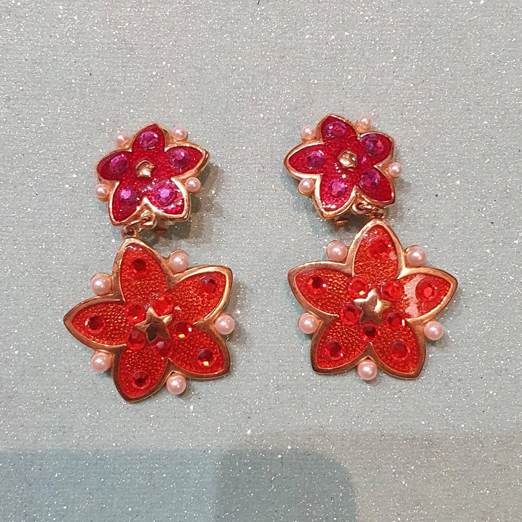 Vintage pink and orange flower drop earrings