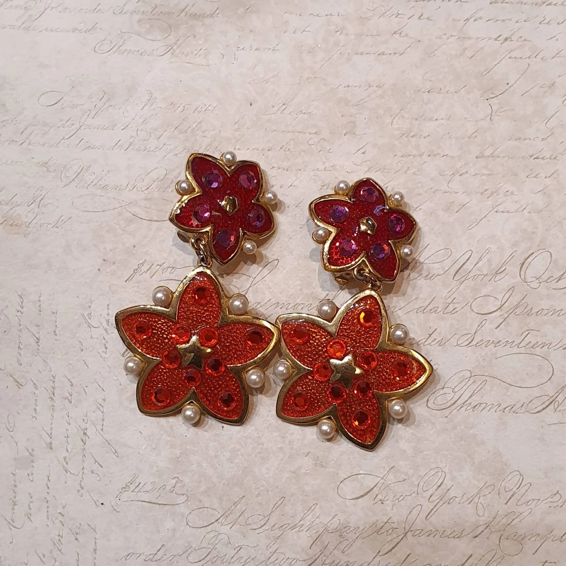 Vintage pink and orange flower drop earrings