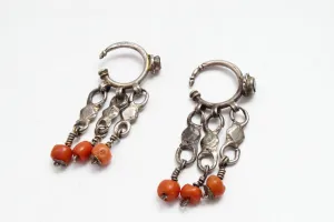 Vintage Small Silver and Coral Berber Earrings from Morocco