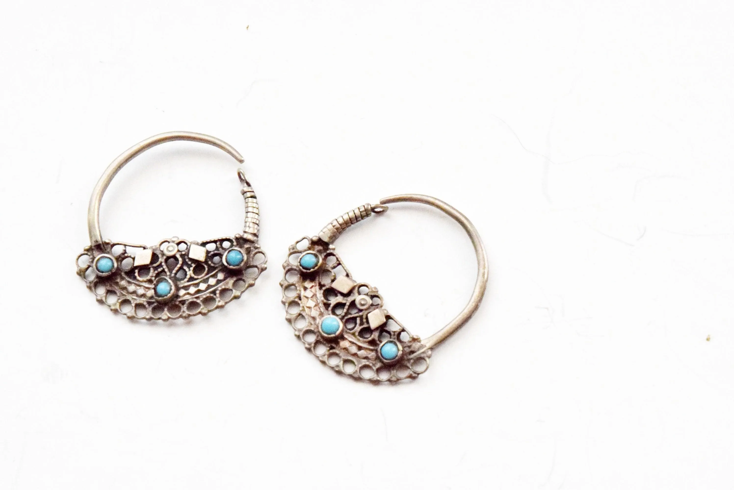 Vintage Small Silver Pashtun Hoop Earrings with Blue Stones