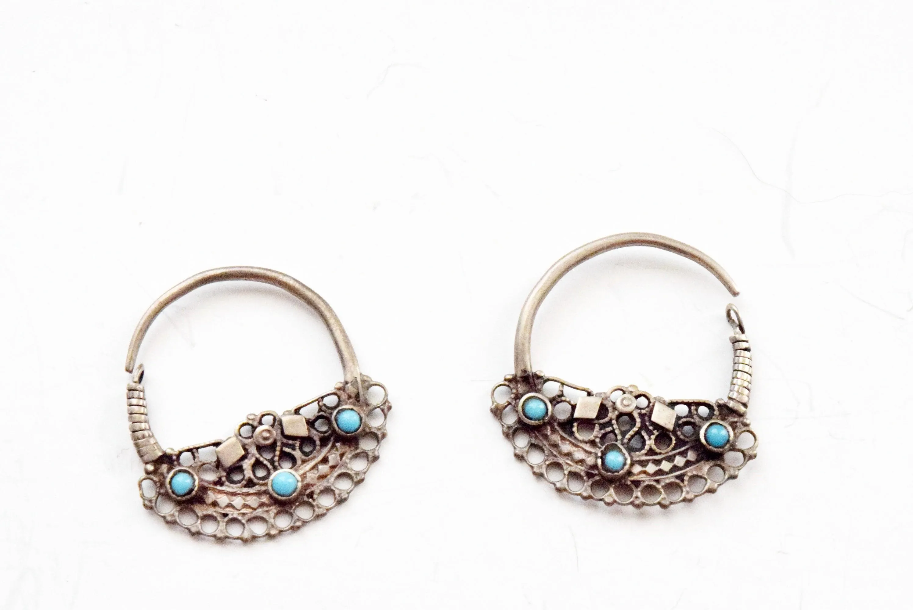 Vintage Small Silver Pashtun Hoop Earrings with Blue Stones