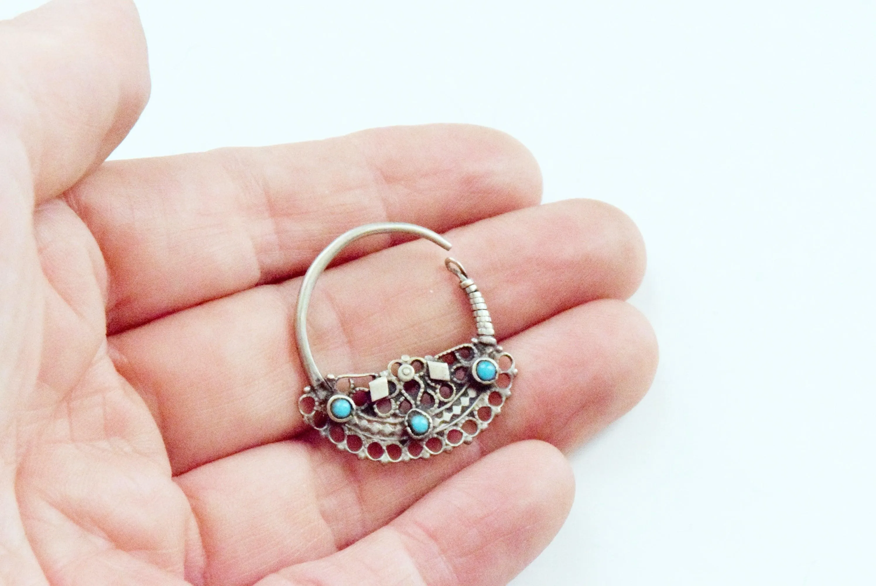 Vintage Small Silver Pashtun Hoop Earrings with Blue Stones
