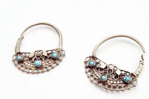 Vintage Small Silver Pashtun Hoop Earrings with Blue Stones
