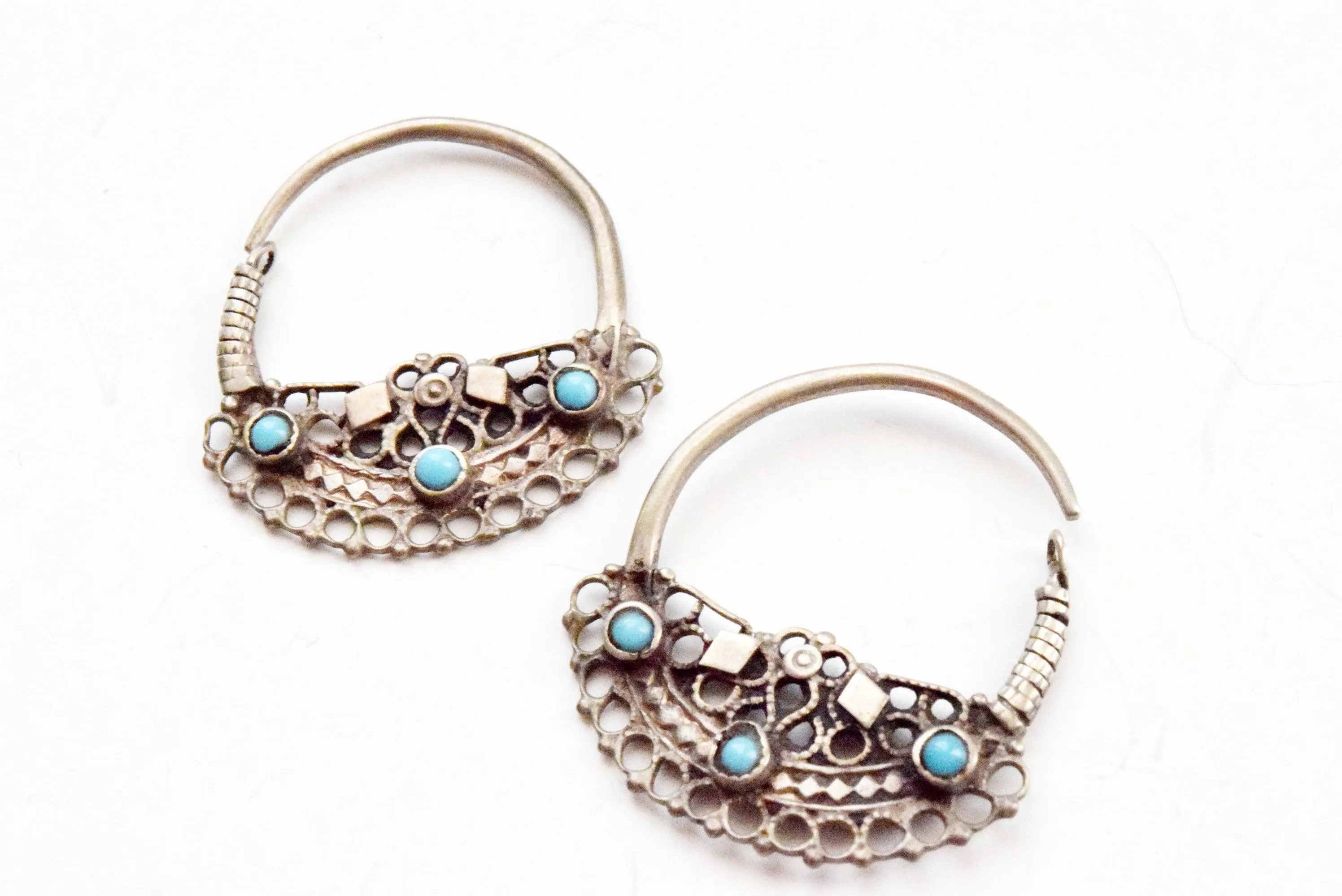 Vintage Small Silver Pashtun Hoop Earrings with Blue Stones